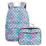 Mermaid Backpack for Girls Elementary School Bookbags Set with Lunch Box Kids