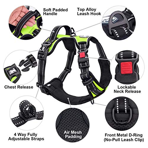 Image of PoyPet No Pull Dog Harness, No Choke Front Lead Dog Reflective Harness, Adjustable Soft Padded Pet Vest with Easy Control Handle for Small to Large Dogs(Green,M)