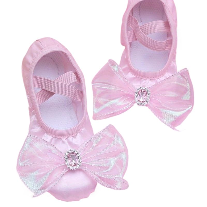 Elegant Pink Ballet Dance Shoes for Girls with Soft Sole - Sparkling Bow & Gemstone Accents, Comfortable Fabric Slip-On Design for Gymnastics, Cheerleading & Training - Ballet Shoes (White,12)