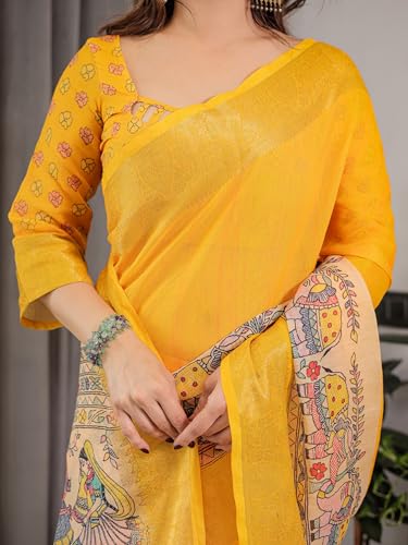 Image of ALMAARI FASHION Handloom Cotton Saree, Yellow with Traditional Floral Print and Lotus Motifs, 5.5 Metre with Blouse Piece