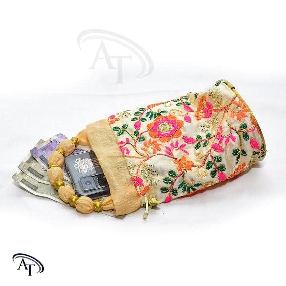 Image of Women Potli Bags | Zari Embroidered Silk With Drawstring | Traditional Return Gifts for Mehandi, Haldi, Baby Shower, Wedding, Sangeet, Seemantham