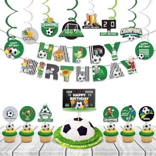 Image of Festiko Set of 24 Pcs Football Theme Happy Birthday Combo (Banner, Swirls With Cutouts, Cake & Cupcake Toppers), Football Theme Decorations, Birthday Decoration Items