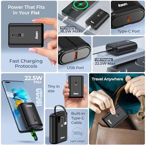 Image of Foxin Fist 10000mAh 10k Mini Power Bank | 22.5W Super Fast Charging | Built-in Type-C Cable & PD Output | Small Pocket Size | for iPhones /Android Mobiles & Other Devices | Made in India - Black