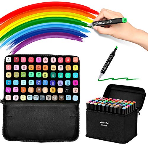 Alcohol Markers with Dual Tips Permanent,60 Color Markers +1 Colorless Sketch Markers for Painting,Coloring,Sketching and Drawing, Art Markers Set For Adults Kids Students, With Carry Case for Storage (Black, 61-Colors)
