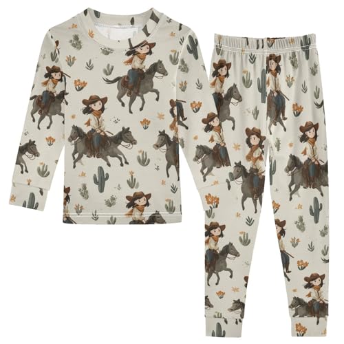 Pajama Sets Long Sleeve Cowgirl Riding Horse Pattern Soft Comfy Sleepwear 2 Piece PJS 3-8T