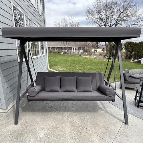 Image of PURPLE LEAF Outdoor Patio Porch Swing Adjustable Backrest with Canopy 3-Seat Convertible Swing Bed Chair with Stand Heavy Duty for Adults, Backyard Porch Lawn, Cushion and Pillows Included Grey