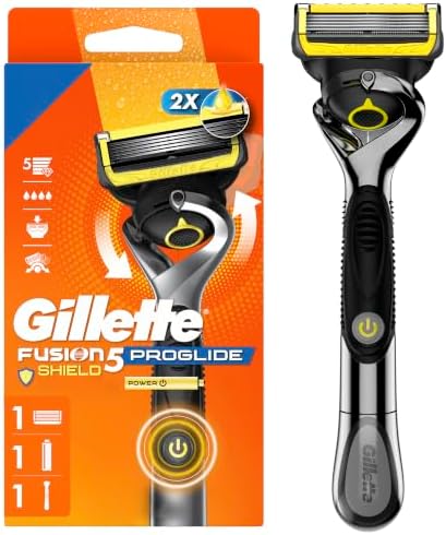 Gillette Fusion5 ProGlide Shield Shaving Razor for Men, 1 Power Razor Handle, 1 Refill, 2x Lubrication, Battery-Powered with FlexBall Handle and Precision Trimmer for Men