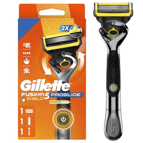 Gillette Fusion5 ProGlide Shield Shaving Razor for Men, 1 Power Razor Handle, 1 Refill, 2x Lubrication, Battery-Powered with FlexBall Handle and Precision Trimmer for Men