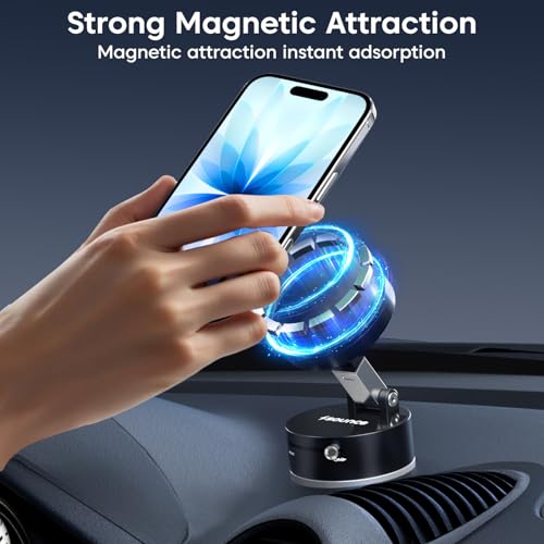 Image of Sounce Magnetic Vacuum Suction Mobile Holder for Car, Desk, Mirror & Glass - Retractable Stand with Strong N52 Magnets, 360 Adjustable Viewing, iPhone & Android Smartphones (Black)