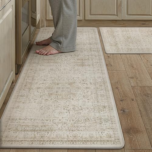 Vintage Kitchen Mats for Floor Anti Fatigue Waterproof Kitchen Rugs Sets of 2 Beige Cushioned Non-Slip Kitchen Mats Comfort Standing Mat for Sink Laundry Office 17.3"×47"+17.3"×30" 17.3"x47"