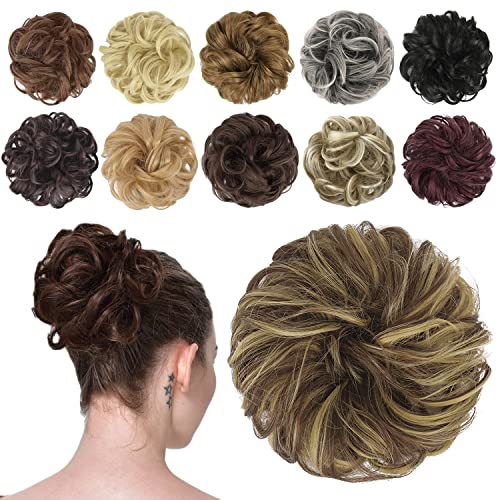Feshfen Messy Bun Hair Piece Hair Bun Scrunchies Hairpieces For Women Synthetic Wavy Curly Chignon Ponytail Hair Extensions Thick Updo Hairpiece For Daily Wear 1Pcs, Blonde & Medium Brown #TOP29