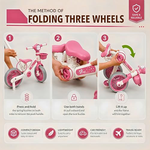 Image of TinyDazzle Kids 3 in 1 Convertible Tricycle, Balance Bike, Trikes with Parental Control for 2-6 Years Toddlers | Foldable | Music & Light | Front Basket Cycle for Boys & Girls. (Bright Pink)