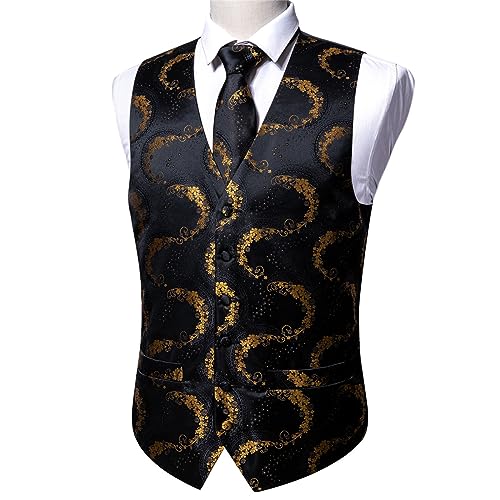 Black 5 Piece Designer Men Wedding Suit Vest Gold Floral Jacquard Floral Silk Vest Tie Brooch Vest Set Groom4