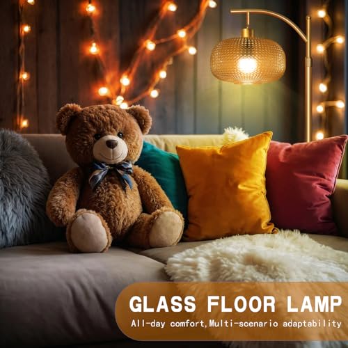 Image of Glass Floor Lamp for Living Room with Amber Glass Lampshade&Remote Control | Dimmable Modern Standing Lamp with 12W LED Bulb, Tall Lamp for Bedroom