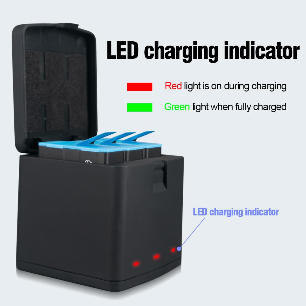 CITYORK Lot de 2 chargeurs de batterie pour GoPro Hero 12 Hero 11/10/9 noir avec câble USB et emplacements de type C à trois canaux avec affichage LED (1 chargeur + 2 batteries)