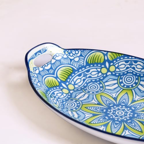 Image of Nestasia Set of 2 Blue and Green Mandala Art Ceramic Long Dish with Handles for Serving Snacks, Appetizers, Salads, and Noodles | Microwave Safe, Dishwasher Safe (10.8 Inch)