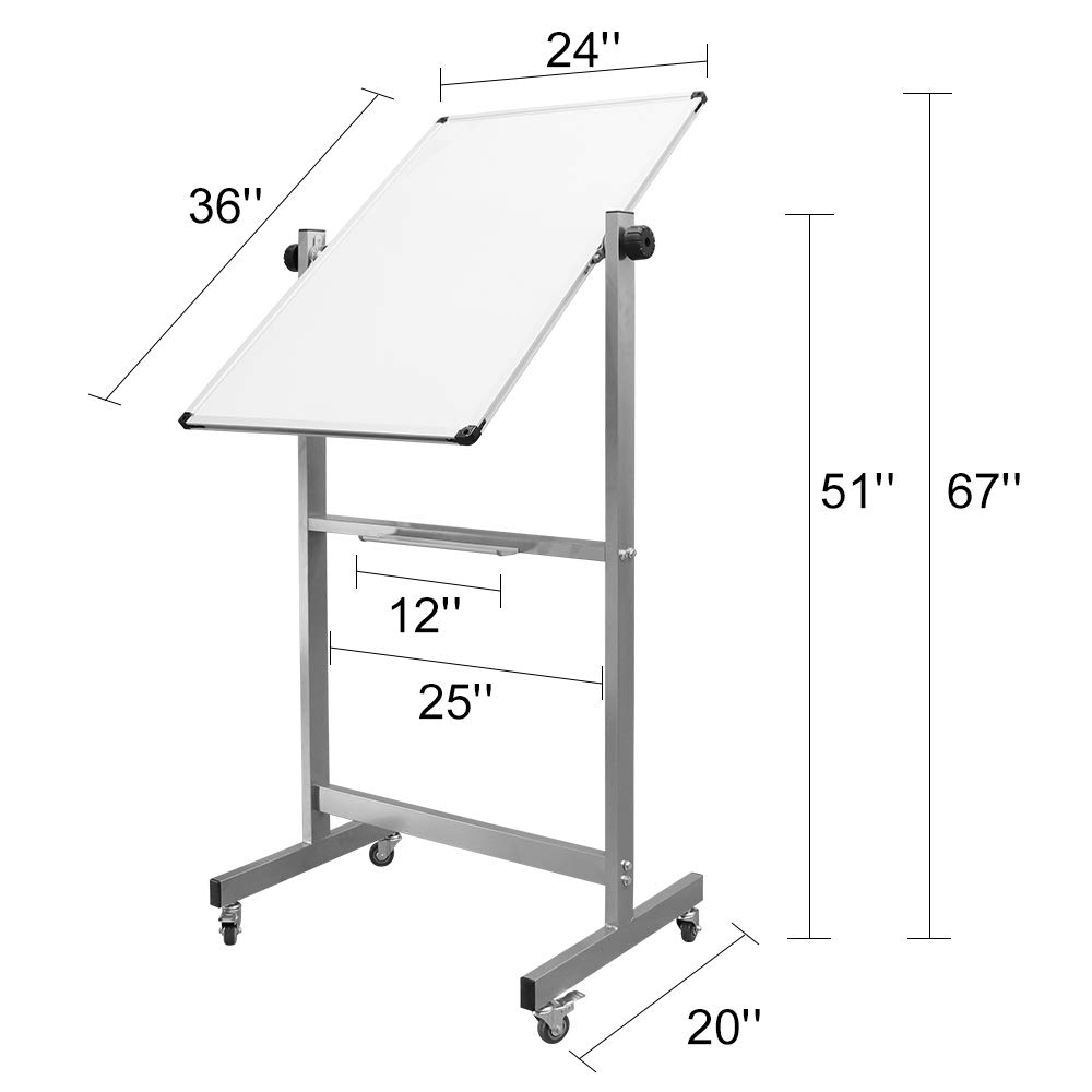 XIWODE Tableau blanc mobile magnétique double face pivotant en aluminium argenté 90x60 cm
