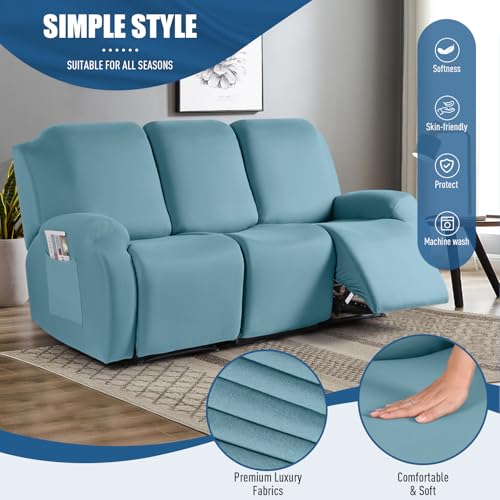 Image of TAOCOCO Recliner Sofa Slipcover, 3 Pieces Polyester Fabric Stretch Sofa Covers for 3 Seat Reclining Couch, Soft Washable Furniture Protector with Pockets (3 Seat, Aqua Blue)