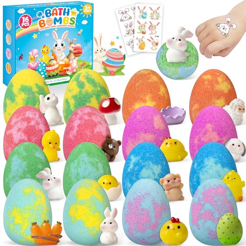 Bath Bombs for Kids with Surprise Inside 16 Pack Easter Kid Bath Bombs Gift Set Easter Gifts for Kids Bubble Bath Bomb for Boys Girls with Toys Inside Easter Basket Stuffers & Easter Egg Fillers