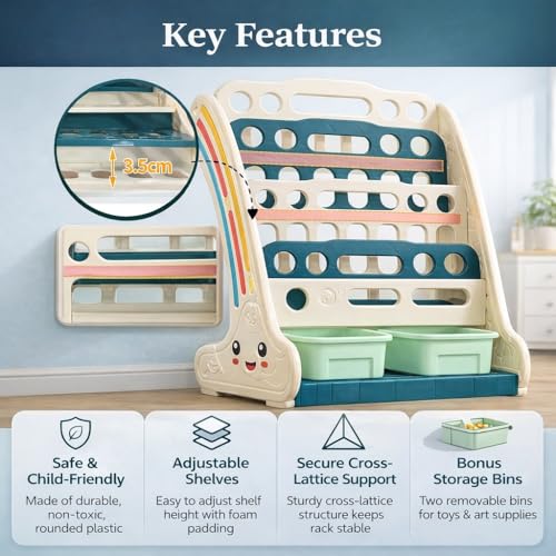 Image of 2 in 1 book shelf Cabinet for kids with toy organizers storage box for Home front facing display Storage bookshelf Rack for kid , 4‑Tier book shelves for kids with Storage Bin for Playroom Montessori