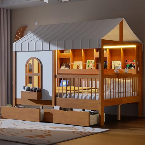 Image of Full Size House Bed with 2 Large Drawers & LED Strip Walnut-T | Side Bookshelf, Cozy Reading Nook & Playhouse for Boys & Girls Bedroom