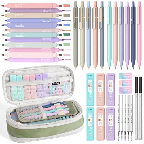 Image of Nicpro Aesthetic School Supplies Stationary Set with Pen Case, 39 PCS Green