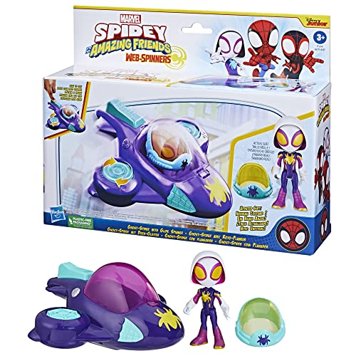 Spidey and His Amazing Friends Web-Spinners Ghost-Spider with Glide Spinner, Car Playset with Vehicle, 4-Inch Scale Marvel Action Figure and Accessory, Toy Cars for Kids 3 and Up - image 9