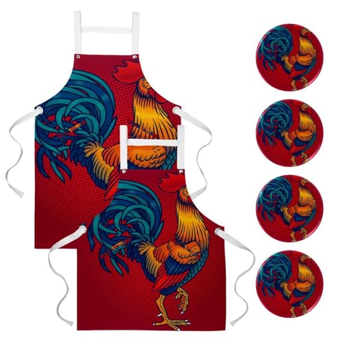 Tablier de serveuse poule et coq avec 4 broches de fixation