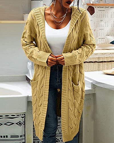 Image of Women Hooded Open Front Cardigan Cable Knit Chunky Long Sweater Coats