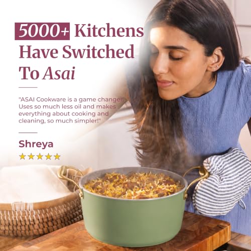 Image of Asai Ceramic Dutch Oven 24cm (4L) with Glass Lid & Silicone Spatula | Green | Procera Swiss Ceramic Non-Stick Coating | Induction, Gas & Electric Compatible | Stay-Cool Handles | Lab Tested
