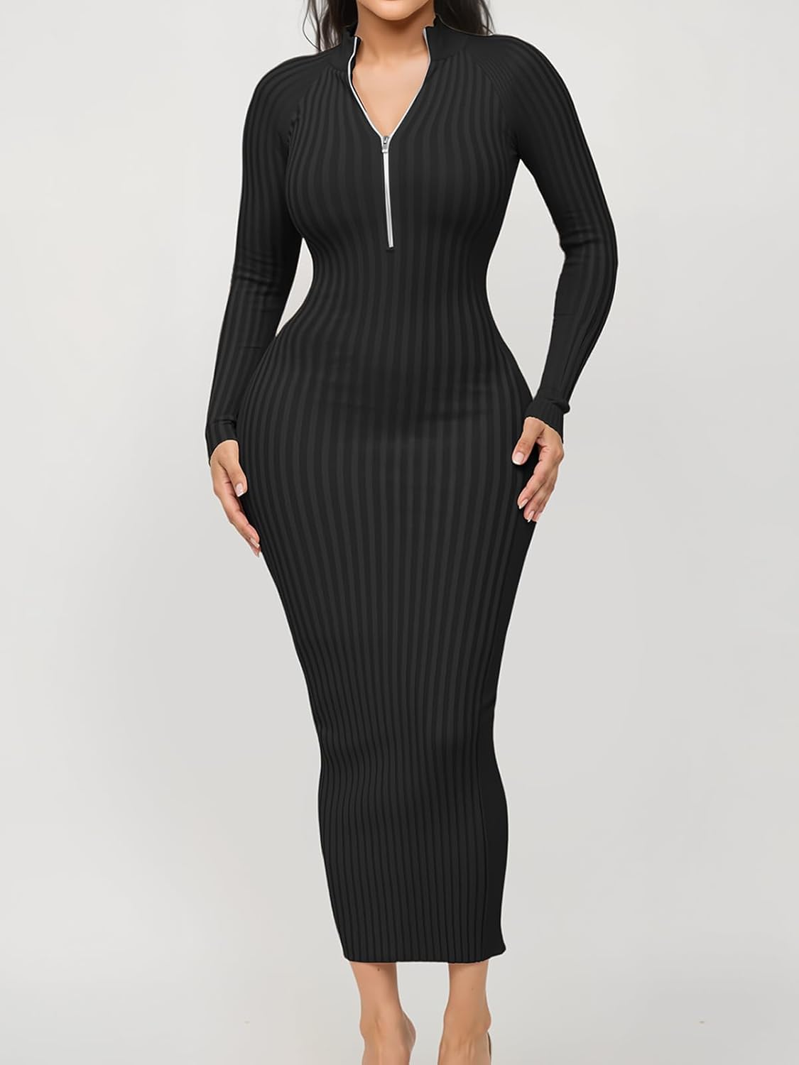 Fastkoala Women's Sexy Ribbed Bodycon Dress Solid Color Long Sleeve Slim Fit Midi Lilac Night Club Party Dresses