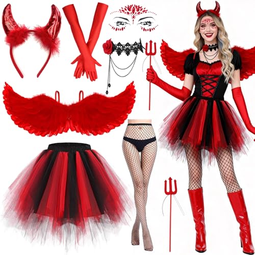 Teufel Kostüm Damen Rot, 8 Stück Rot Engel Teufel Kostüm Damen Set mit 80cm Engel Flügel Tüllrock Teufelshörner Halskette Handschuhe Strumpf und...