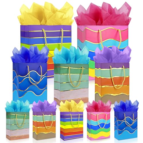 MUMULULU Gift Bags Assorted Sizes and Designs with Handle and Tissue Paper Birthday Gift Bags Rainbow for Birthday Bag Party Baby Shower Wedding Holiday Presents (Striped 10)