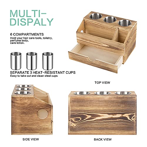Wood Hair Tool Organizer Storage with Drawers, Bathroom Organizer Countertop, Hair Blow Dryer Holder, Flat Curling Iron Holder, Bathroom Hair Styling Vanity Accessories Organizer, Rustic Brown