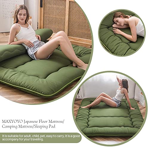 Image of MAXYOYO Japanese Floor Mattress Futon Mattress, Thicken Sleeping Pad Foldable Roll Up Floor Futon for Adults Tatami Mat Dormitory Lounger, Green, Full Size