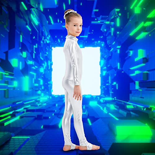 Kepblom Girls Shiny Metallic Mock Neck Unitard Long Sleeve Zipper Back One Piece Bodysuit Costume #TOP2