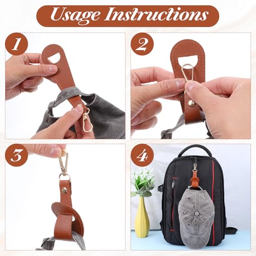 4 Pack PU Leather Hat Clip for Travel, Travel Hat Hooks Hands-Free Cap Holder for Bags Backpack Luggage Purse Hiking Gear Clip-on Holder Strap for Baseball Snapback and Ponytail Caps4