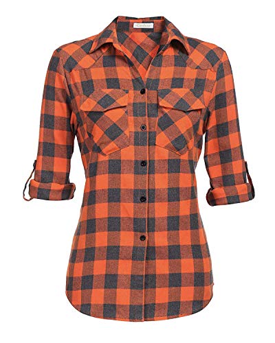Genhoo Womens Flannel Shirts Roll Up Long Sleeve Plaid Shirt Collared Button Down Gingham Casual Top S-4XL