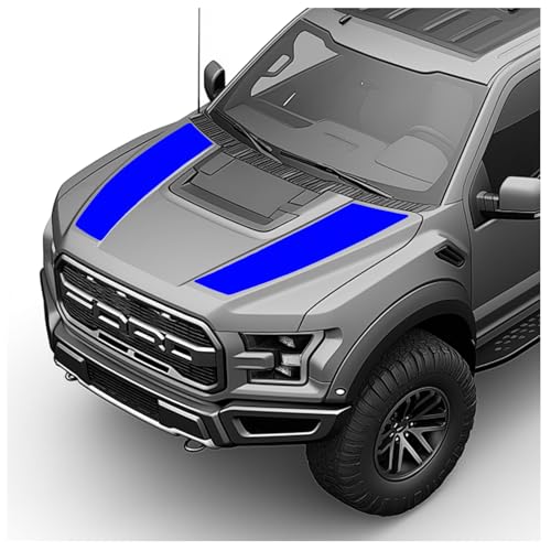 Hood Blackout Racing Stripes Vinyl Decal Sticker Kit- Compatible with Ford F150 Raptor 2014-2020 (Style 4, Blue)