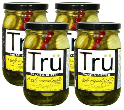 Tru Bread & Butter Pickles – Pure Natural Pickles with Perfect Balance of Seasonings - No Colors, Oil, Emulsifiers | Purely Natural & No Gluten | Classic Original Flavor Since 1900s | 16 Fl Oz (Pack of 4)