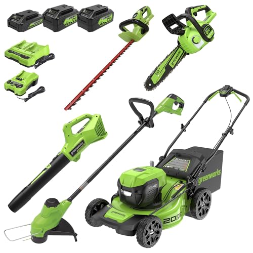 Greenworks 48V (2x24V) 5-Piece Garden Tool Set: 20' Push Mower, 12' String Trimmer, 320CFM Leaf...