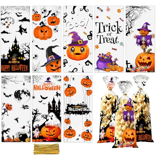 BBSTARING 120 Pcs Halloween Candy Bags, Halloween Party Favor Bag, Halloween Cellophane Treat Plastic Favors Gift Bag, Halloween Party Decoration Bags, Food Grade Goodie Bags for Trick or Treat - image 1