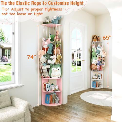 Image of 74.7 inch H Stuffed Animal Storage with 2-Tier Corner Bookshelf - Wall Mount Height Adjustable Plush Toy Organizer, Wooden Kids Bookshelf for Small Spaces Nursery Playroom Kids Room, Pink