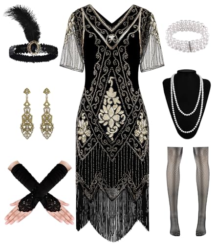 WILDPARTY 20er Jahre Kleid Roaring 20s Charleston Kleid, Flapper mit Dünn Ärmel Pailletten Perlen Fransen, CocktailKleid 20er Jahre Accessoires,...