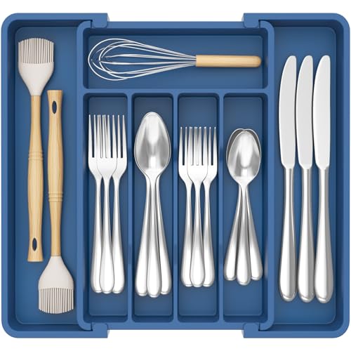 Lifewit Silverware Drawer Organizer, Expandable Utensil Tray for Kitchen, BPA Free Flatware and Cutlery Holder, Adjustable Plastic Storage for Spoons Forks Knives, 8.5"-14.1" x 12.1", Dark Blue