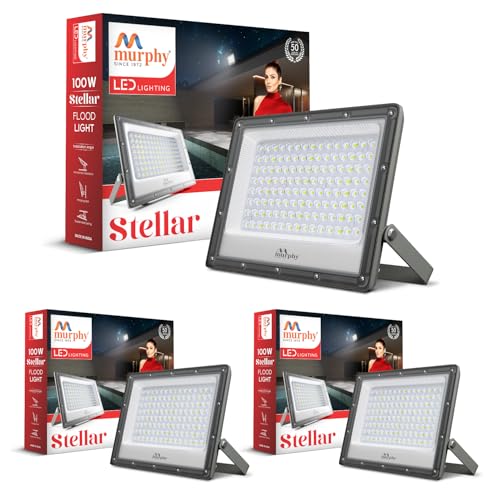 Image of Murphy Stellar 100W LED Flood Light with 2-Year Warranty | Cool White | High Brightness Outdoor LED for Security, Landscape, Warehouse, Backyard| IP66 Waterproof | BIS Approved - Pack of 3