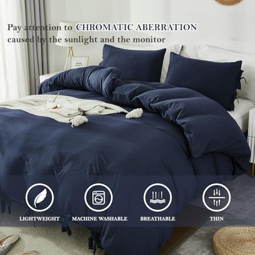 Image of annadaif Grayish Navy Duvet Cover King Size, 3 Pieces Soft Washed Microfiber Duvet Cover Set, Comforter Cover with Bowknot Bow Tie (1 Duvet Cover 104x90 Inch, 2 Pillowcases) Easy Care Bedding Set | Soft Washed Comforter Cover ,Bowknot Bow Tie, (1 Duvet Cover 104x90 Inch, 2 Pillowcases) ,Easy Care Bedding Set