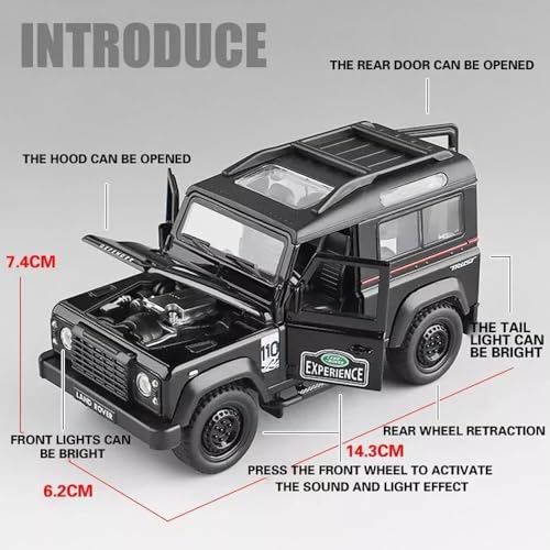 Image of 1:32 Land Rover Defender SUV 110 - Black Alloy Diecast Pullback Metal Car Toy with Sound Light & Opening Doors - Great Gift Toy for Kids