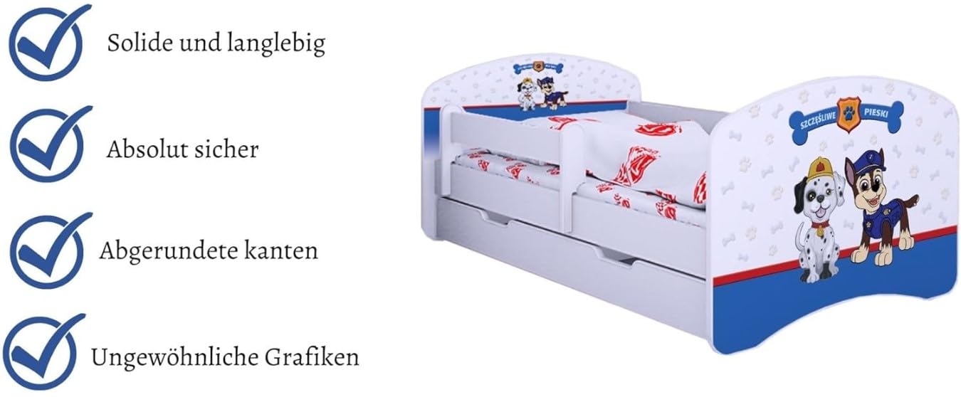 BDW Lit pour enfant Super chien avec matelas et tiroir Protection anti-chute Blanc 140 x 70 cm