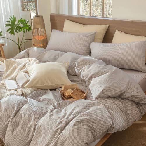 Image of MooMee Striped Duvet Cover Set 100% Washed Cotton Linen Like Queen